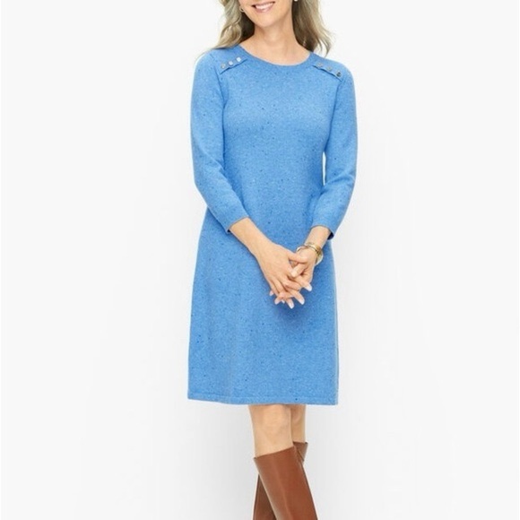 Talbots Cotton Blue Kitty Tweed Shift Sweater Dress Small Petite - Picture 1 of 12